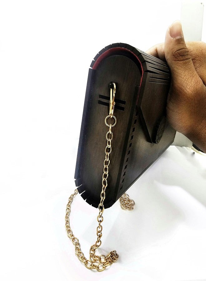 Voxmtix Elegant Evening Clutch Purse, Brown Wood Pattern, Gold Chain Strap, Floral Medallion - Image 3